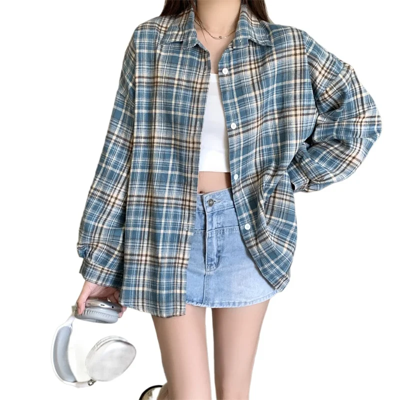 Koszula damska w kratę zapinana na guziki, jesienno-zimowa, z długim rękawem, kołnierzykiem, oversize, kurtka koszulowa, bluzka damska, koszule w kratę, casual