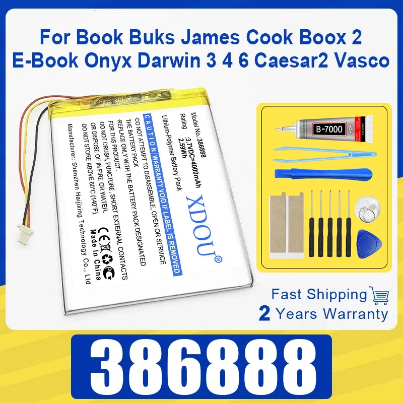 3 cables 386888 3,7 V polímero Li-ion 4000MAH batería potente para Onyx Buks James Cook 2 Boox E-Book Onyx Darwin 3 4 Caesar2 Vasco