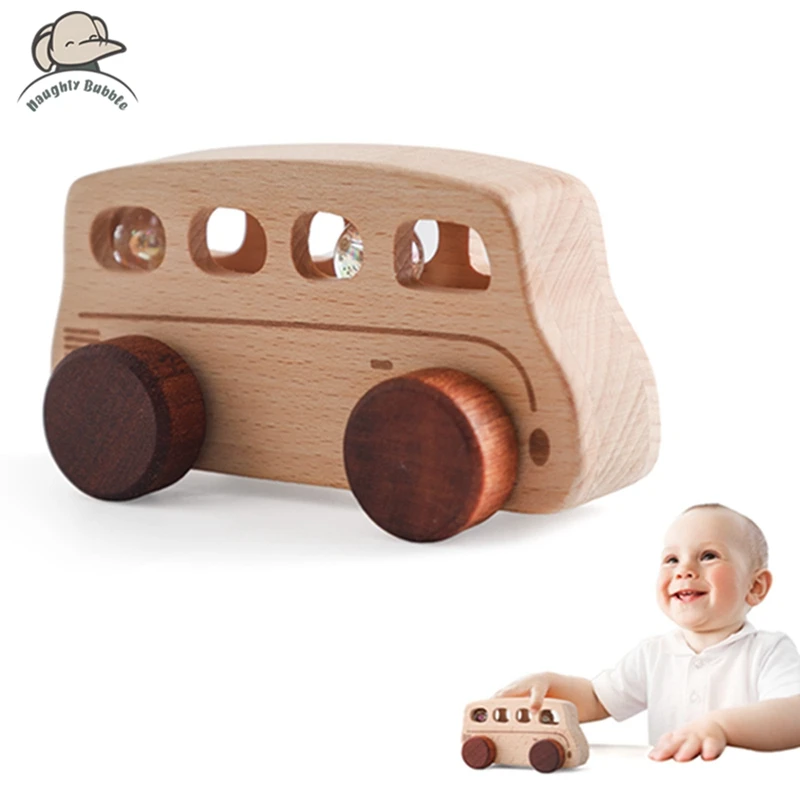 Wooden Bus Baby Toy Beech Bus Hand Push Game Montessori Educational Toys Room Decoration Wooden Building Blocks Handmade Gifts