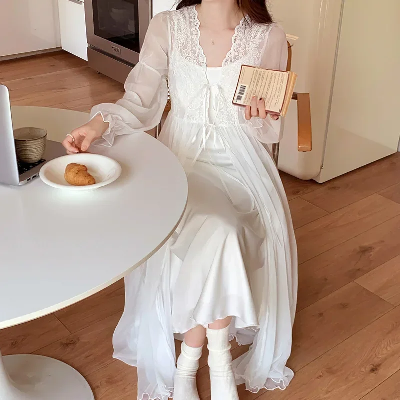 Sweet Fairy White Mesh Night Dress Women Autumn Sexy Sleepwear Nightwear Vintage Victorian Gown and Robe Sets Pijamas Nightwear