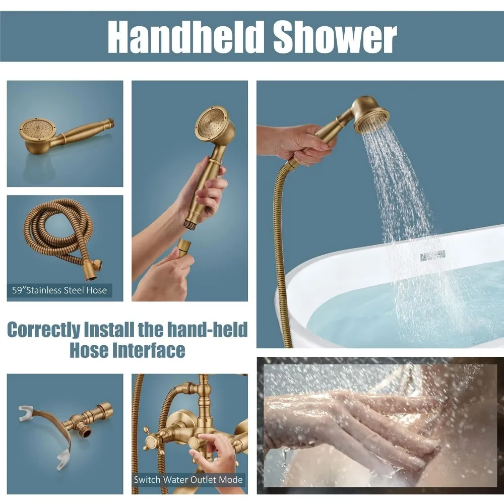 صنبور حوض استحمام مثبت على الحائط من النحاس العتيق مع بخاخ محمول، مقبض متقاطع مزدوج، صنبور دوار، خلاط دش لترادي