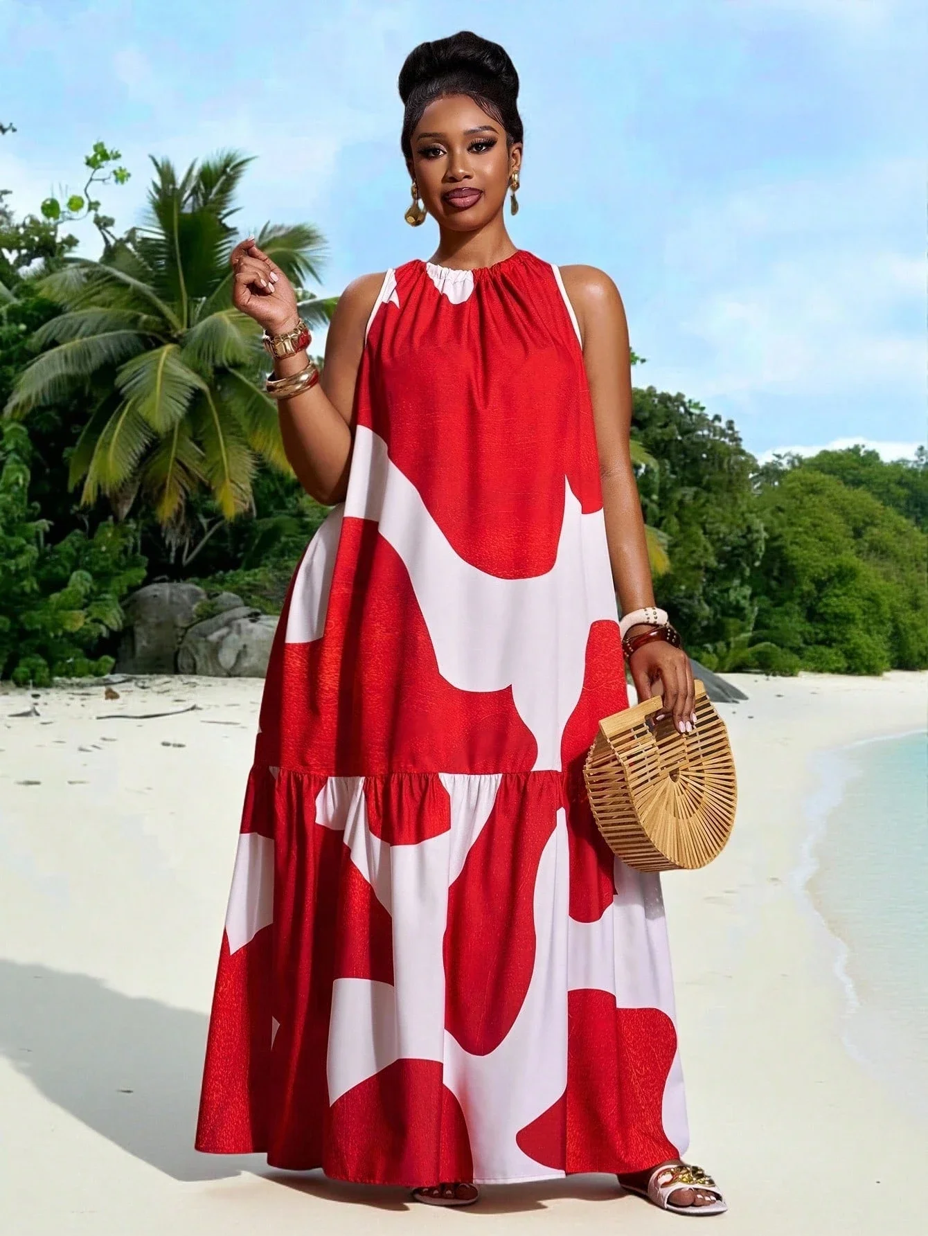 

Женское платье макси без рукавов с цветными вставками и А-образным силуэтом для пляжа и лета, больших размеров