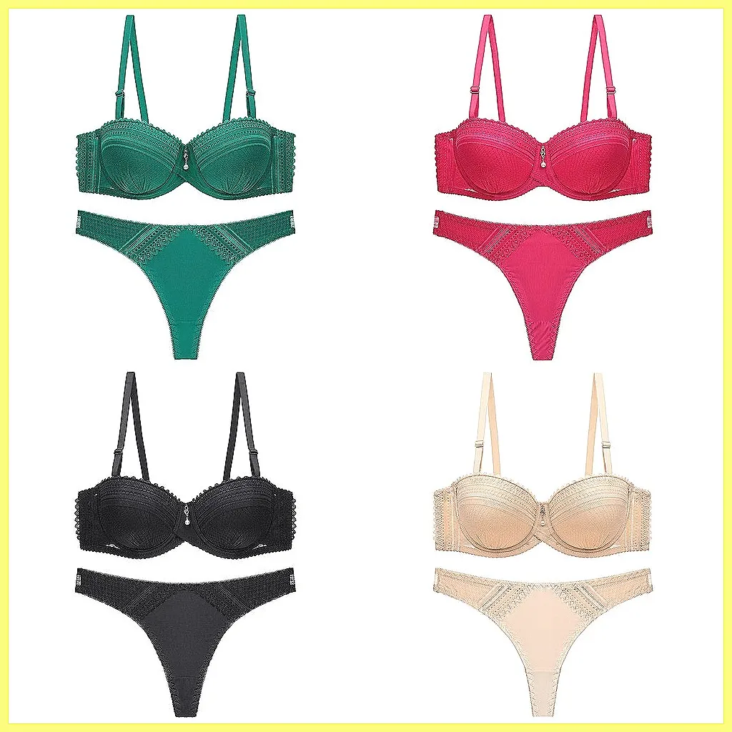 

Plus Size Push Up Bras Set with Adjustable Straps & Thong, Underwired 1/2 Cup Lingerie Set in Solid Color