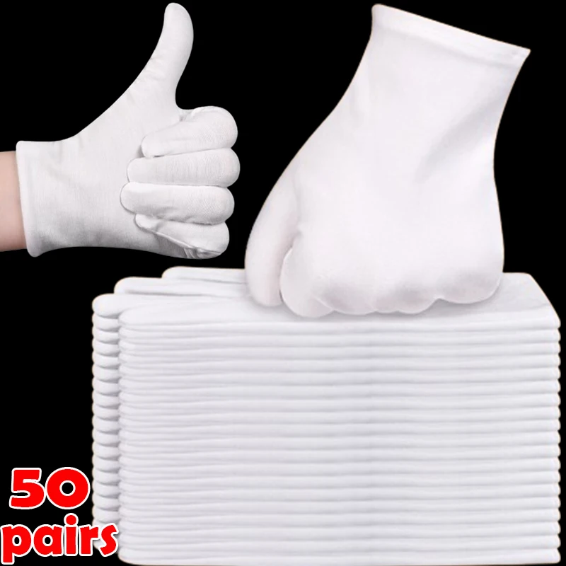 1-50pairs White Cotton Work Gloves for Dry Hands Handling Film SPA Gloves Ceremonial High Stretch Gloves Household Cleaning Tool