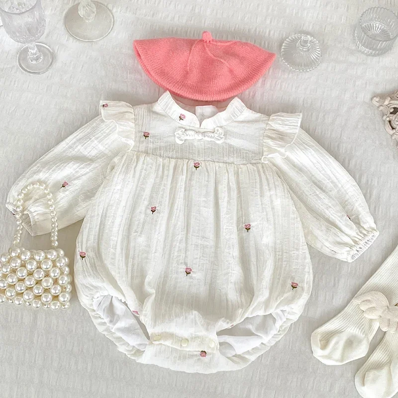 2024 New Autumn Newborn Baby Girls Bodysuits Long Sleeved Cotton Embroidery Infant Baby Girls Jumpsuit 0-24M Baby Girls Clothing