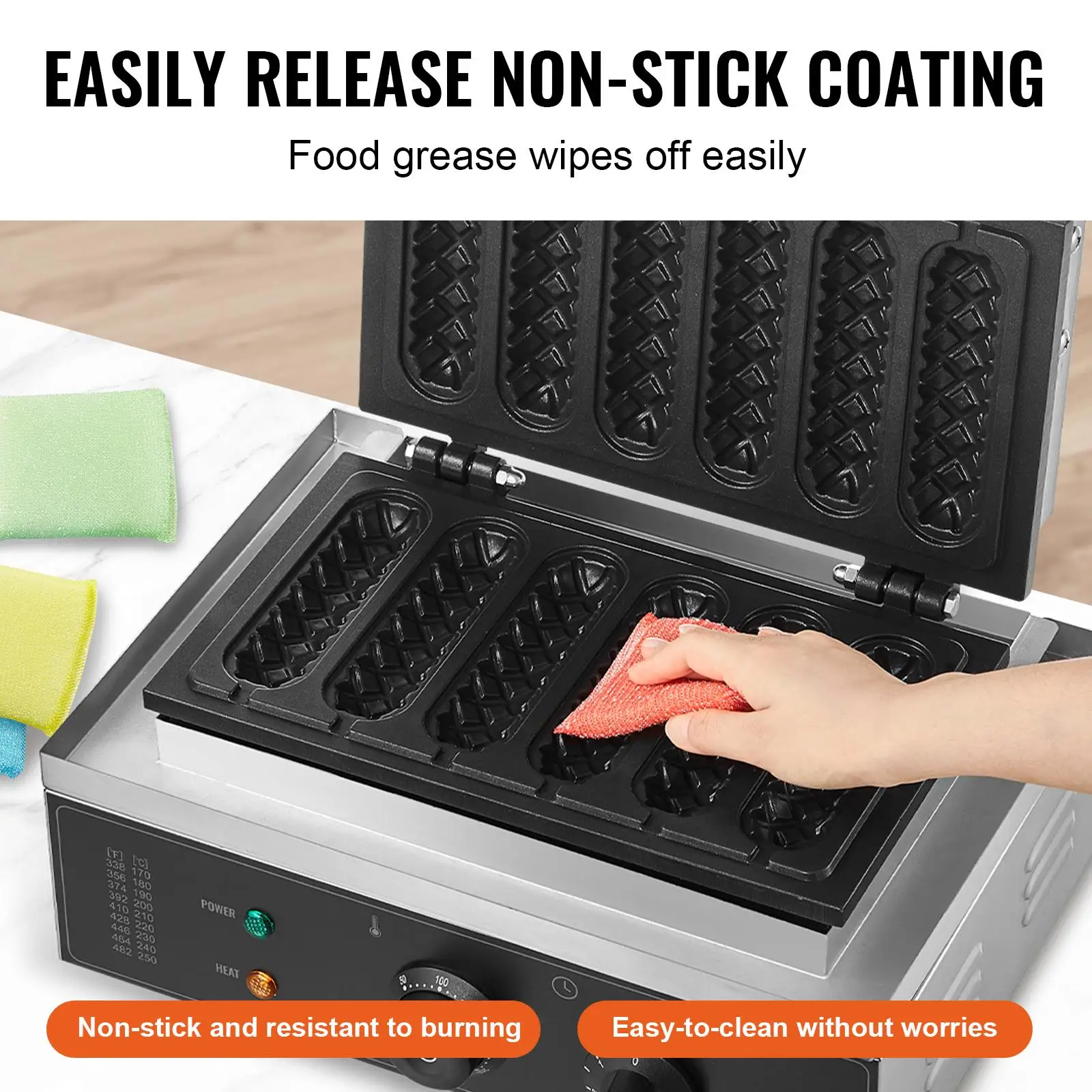 Commercial Waffle Stick Maker 6PCS 1500W Non Stick Stainless Steel Corn Dog Waffle Iron with Temperature and Control Handle for restaurant Bakery Snack Bar Family