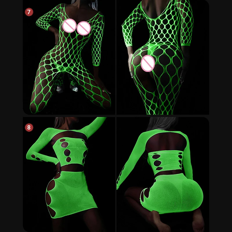 Luminous Sexy Bodysuit See Through Hollow Out Net Clothing Sexy Lingerie Mesh Sex Costumes For Mesh Dress Underwear Bondage