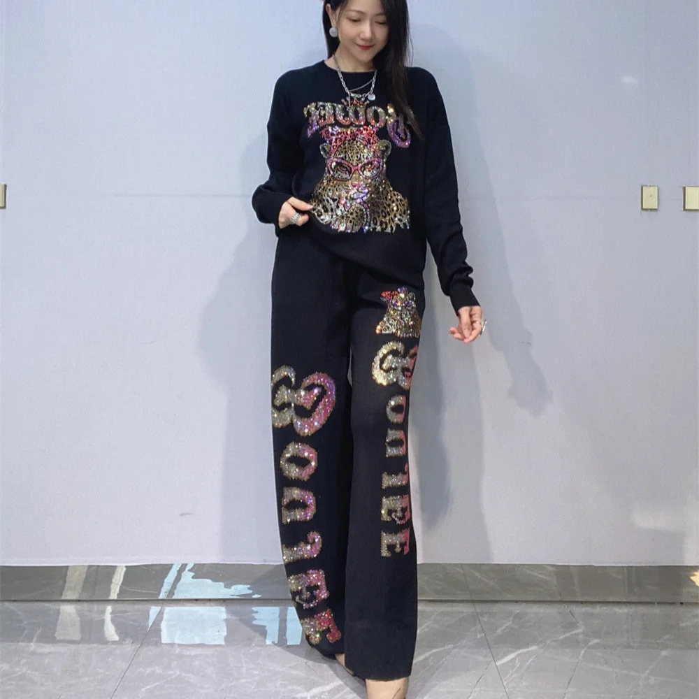 Two Piece Sets Womens Outfits Cartoon Leopard Diamonds O Neck Clothing Wide Leg Pant Suits Conjunto Femenino Roupa Elegante
