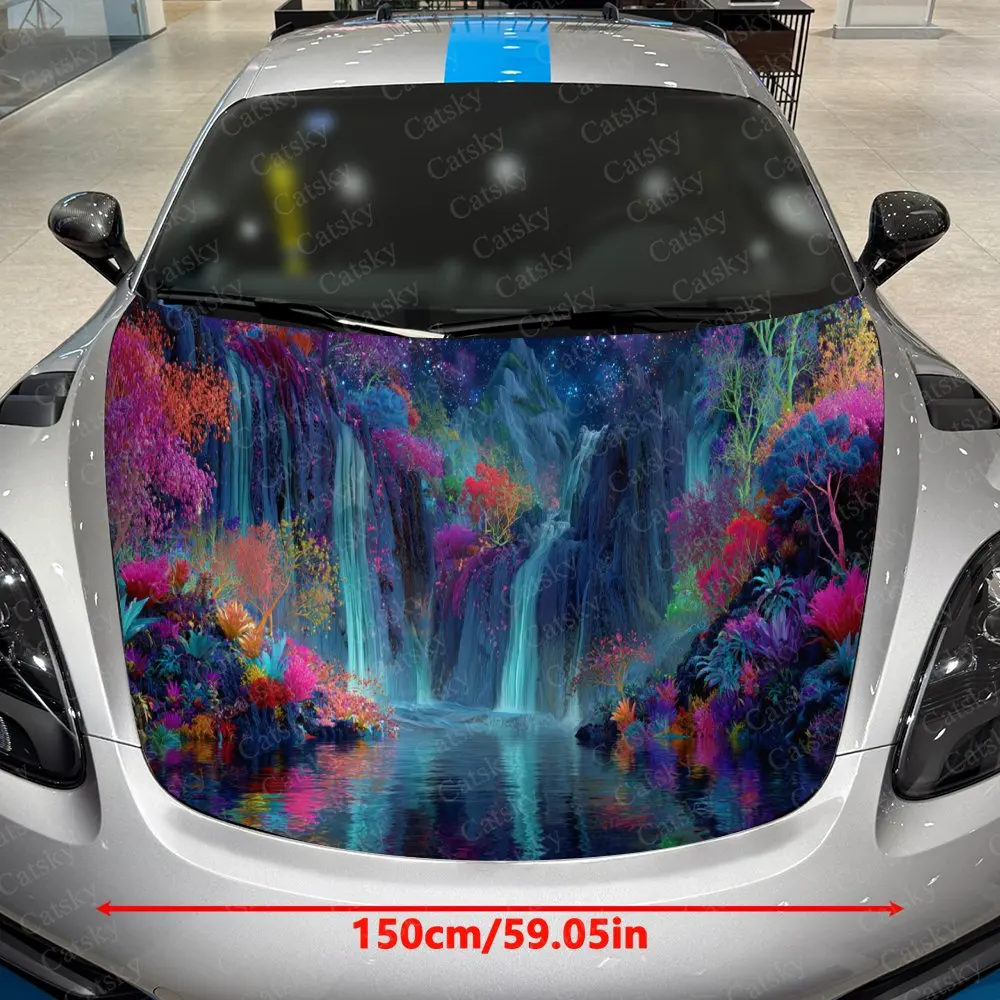 Psychedelic Rainbow Waterfall  Car Hood Stickers - Self-Adhesive, Waterproof and Durable Vinyl Wrap, Decorate And Protect Your C