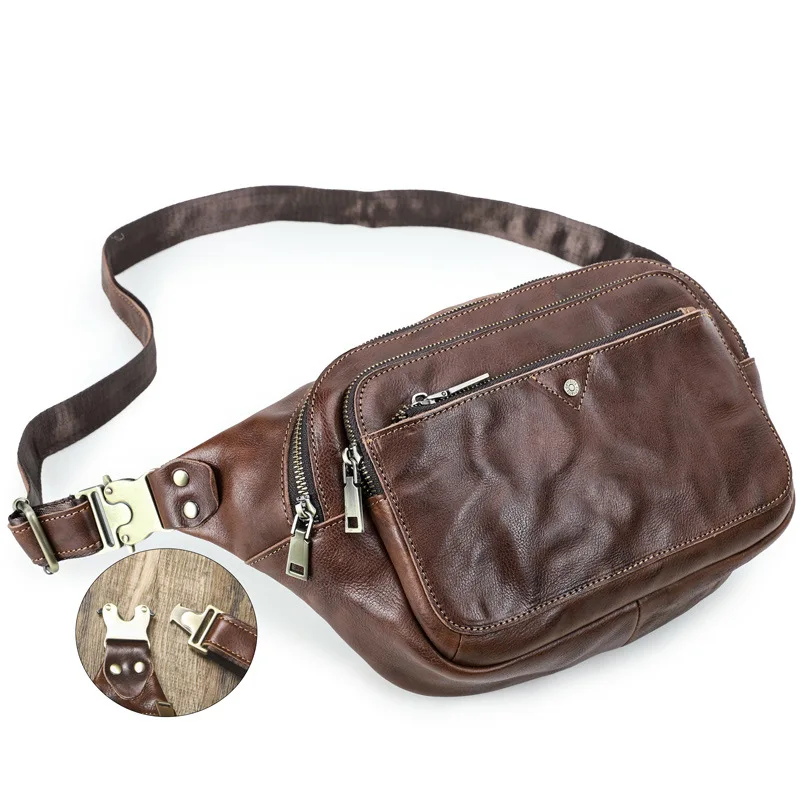 HTS-MB260 حقيبة صدر للرجال مصنوعة يدويًا من الجلد بطبقة رأس، حقيبة خصر رياضية كاجوال للرجال