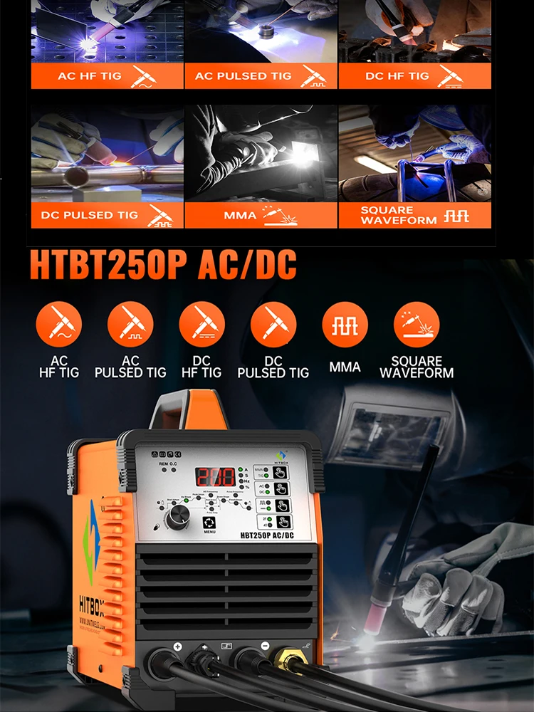 HITBOX HBT250P ACDC TIG-Schweißgerät 6 in 1 HF TIG-Schweißgerät 220V TIG-Schweißmaschine TIG/Puls-TIG/MMA 2T/4T Argon Präzises digitales Puls-Aluminium-Edelstahl-Schweißgerät