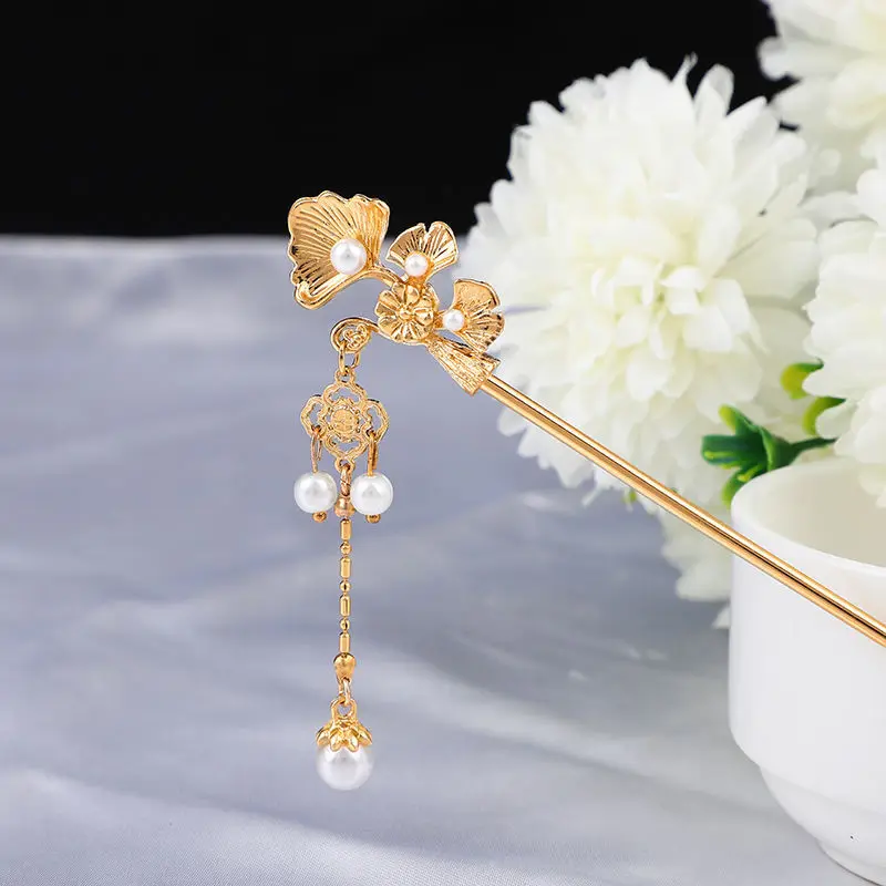 Ancient Costume Headdress Pearls Hair Pin Sticks Handmand Retro Hair Fork with Lotus Pearls Tassel for Hanfu Chinese Clothing