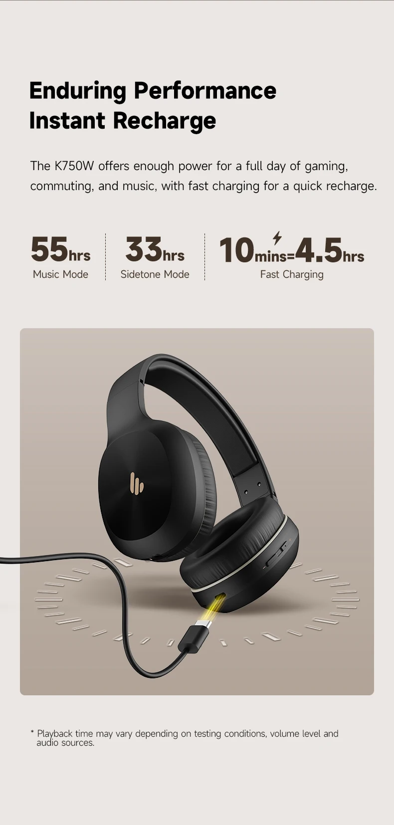 EDIFIER K750W Kabelloses Headset mit Mikrofon, 40-mm-Treibern, 33 Std. Sprechzeit, 55 Std. Wiedergabezeit, Bluetooth-Multipoint-Verbindung, Geräuschunterdrückung – Detail 8