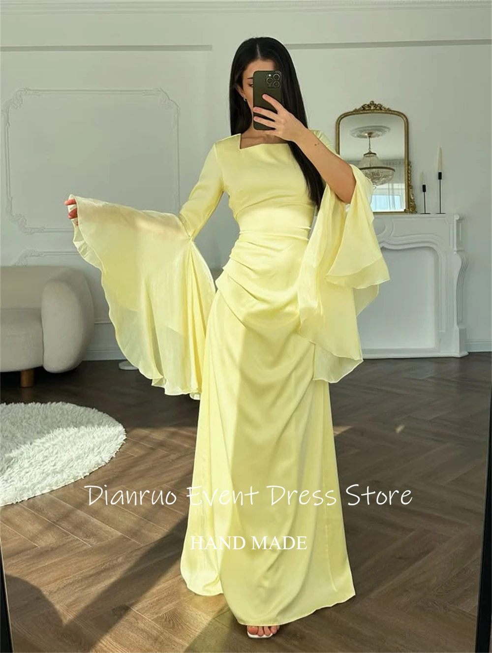 فساتين سهرة Dianruo بأكمام جرس صفراء ورقبة مربعة من الساتان رداء De Soirée فام على شكل حرف A فساتين طويلة أنيقة مخصصة