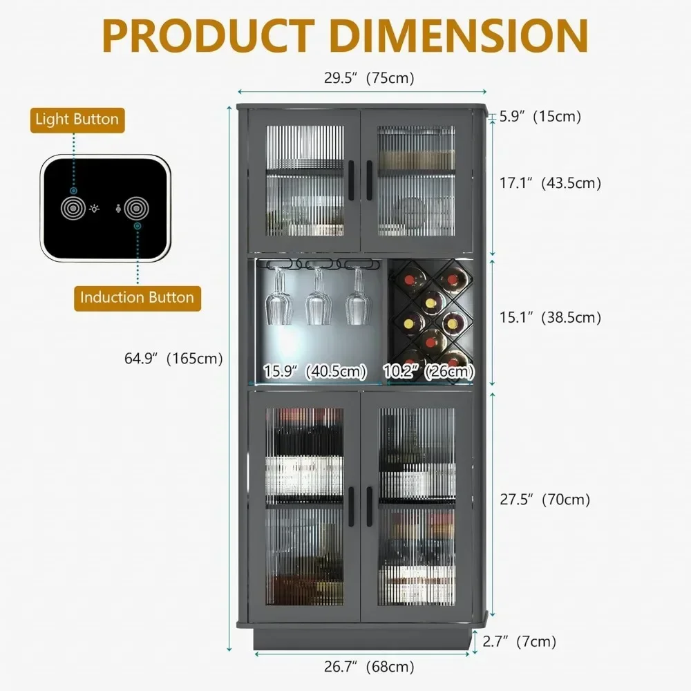 Armários de bar de vinho LED com rack de vinho removível, armários de bar para licor com sensor de movimento leve, armazenamento de armário de cozinha