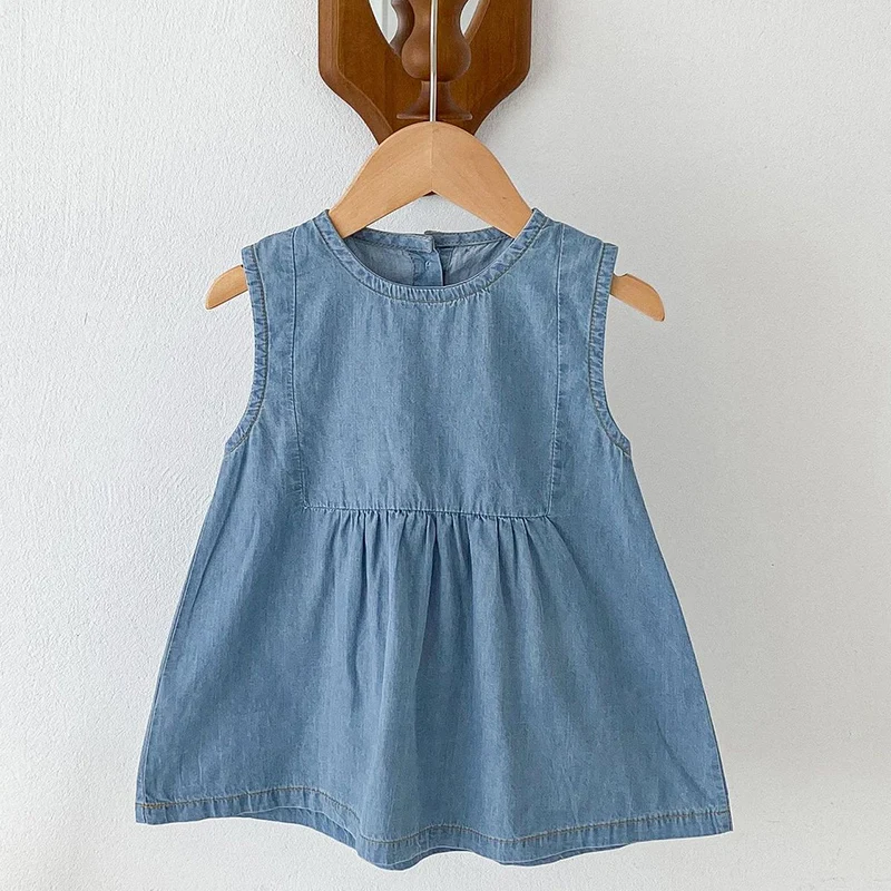 2024 New Summer Kids Clothing Set Infant Baby Romper Kids Princess Dresses Sleeveless Solid Color Denim Sister Clothing