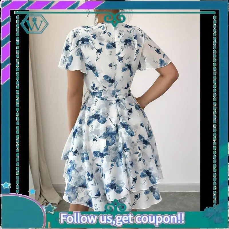 A09P – robe d'été à fleurs pour femmes, col en V, ourlet à volants, Spaghetti, tenues de plage décontractées, robe de soleil fluide, printemps