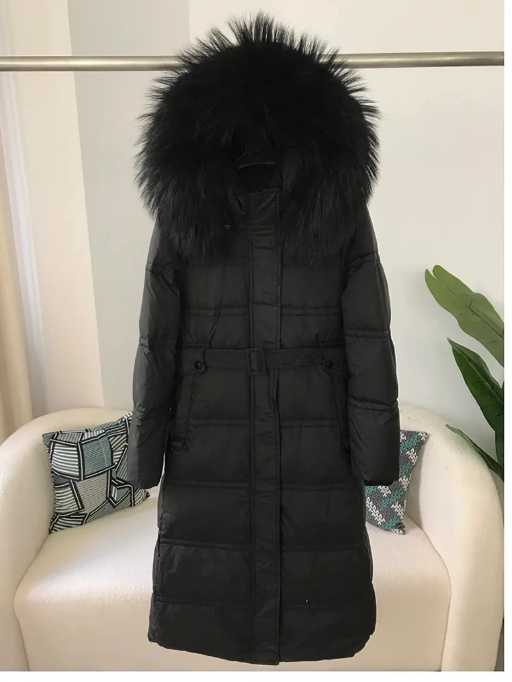 Duck Down Coat Belt 2024 Long Winter Jacket Women Real Raccoon Fox Fur Collar Natural Thick Warm Outerwear Streetwear