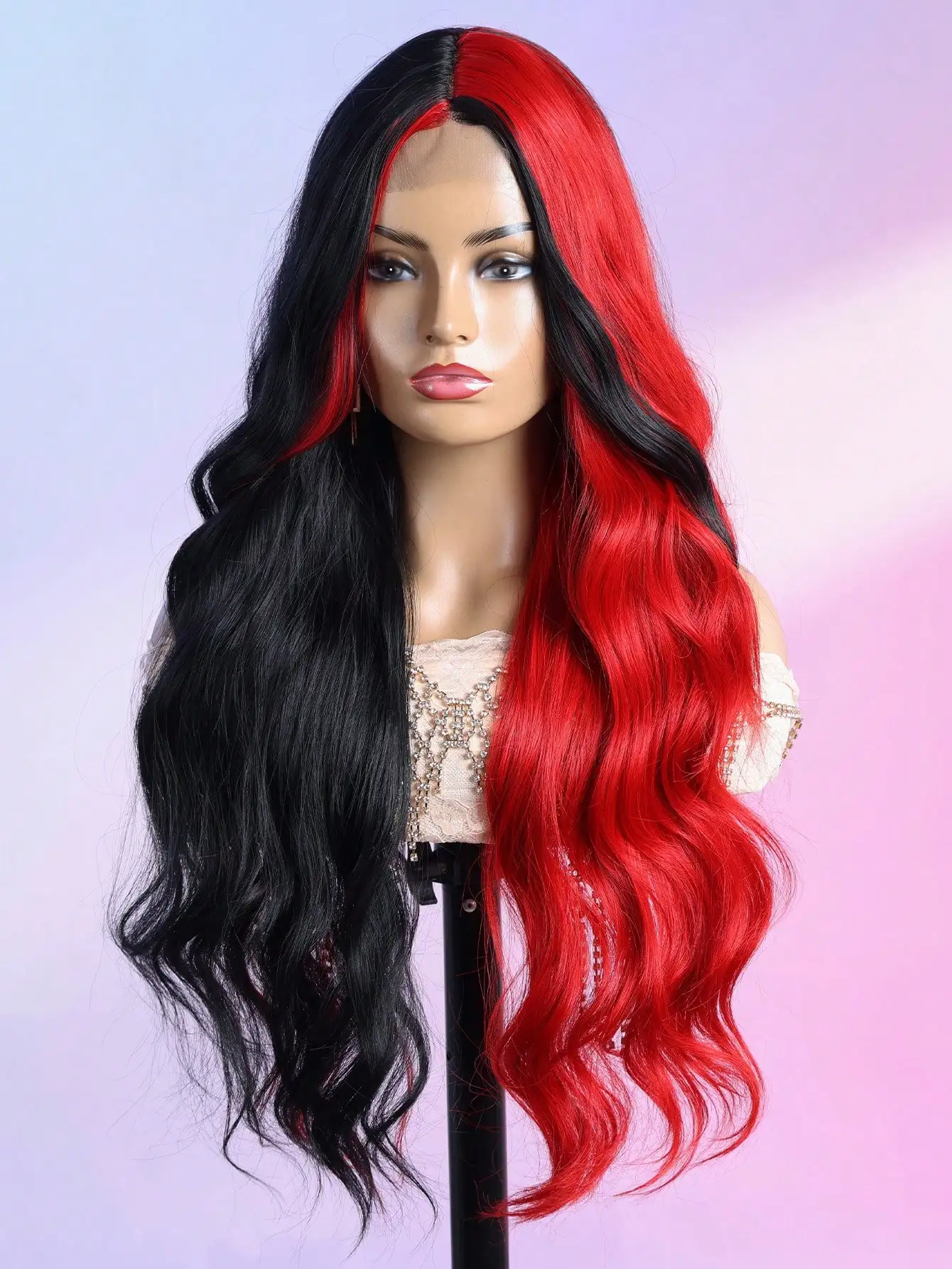 Black And Red/White Color U-Part Lace Wigs 4*2 28 Inch Water Wave Long Wigs Synthetic Fiber Heat-Resistant Wig Gifts For Women Christmas Decorations Christmas Gifts Costume Party Dress Up Suitable For All People Fully Machine Manufactured, Halloween