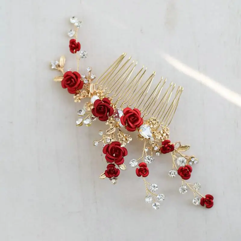 Red rose flower bridal headband vintage pearl rhinestones wedding bride hair accessories decor