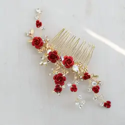 Red rose flower bridal headband vintage pearl rhinestones wedding bride hair accessories decor