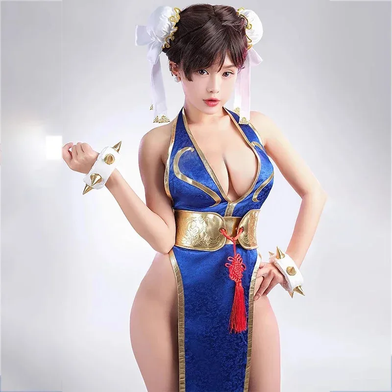 

Chun Li Cosplay Costumes Cheongsam Game Street Fighter Role Play Blue Dress And Wig Halloween Carnival Outfit For Women Girls5;c