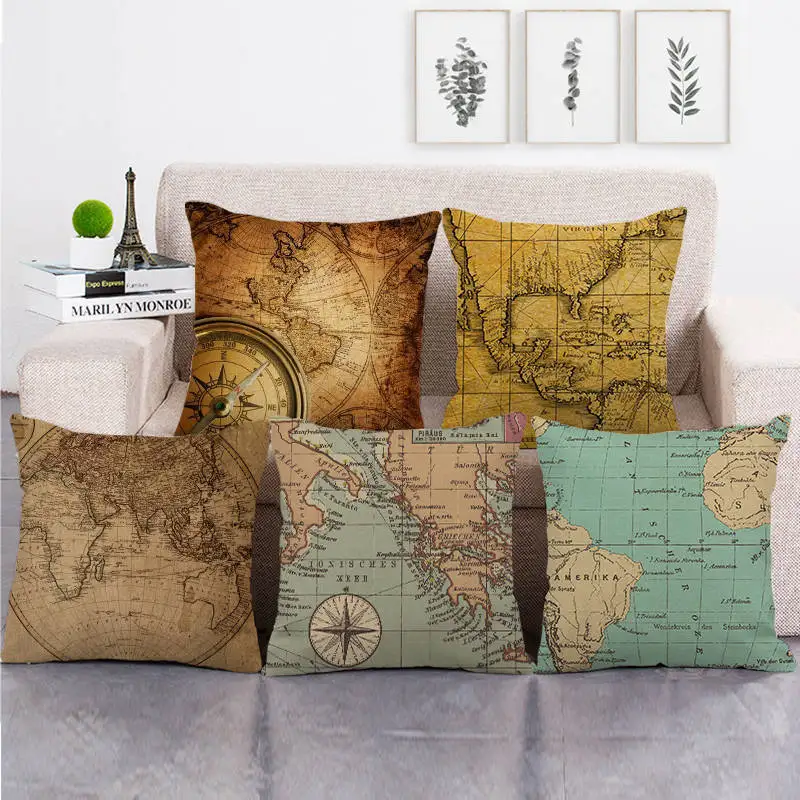 

Beautiful World Map Pillowcase Vacation Oil Painting Pillow Case Car Throw Pillow Cover Bed 45x45 cm Living Room Bed Room Sofa