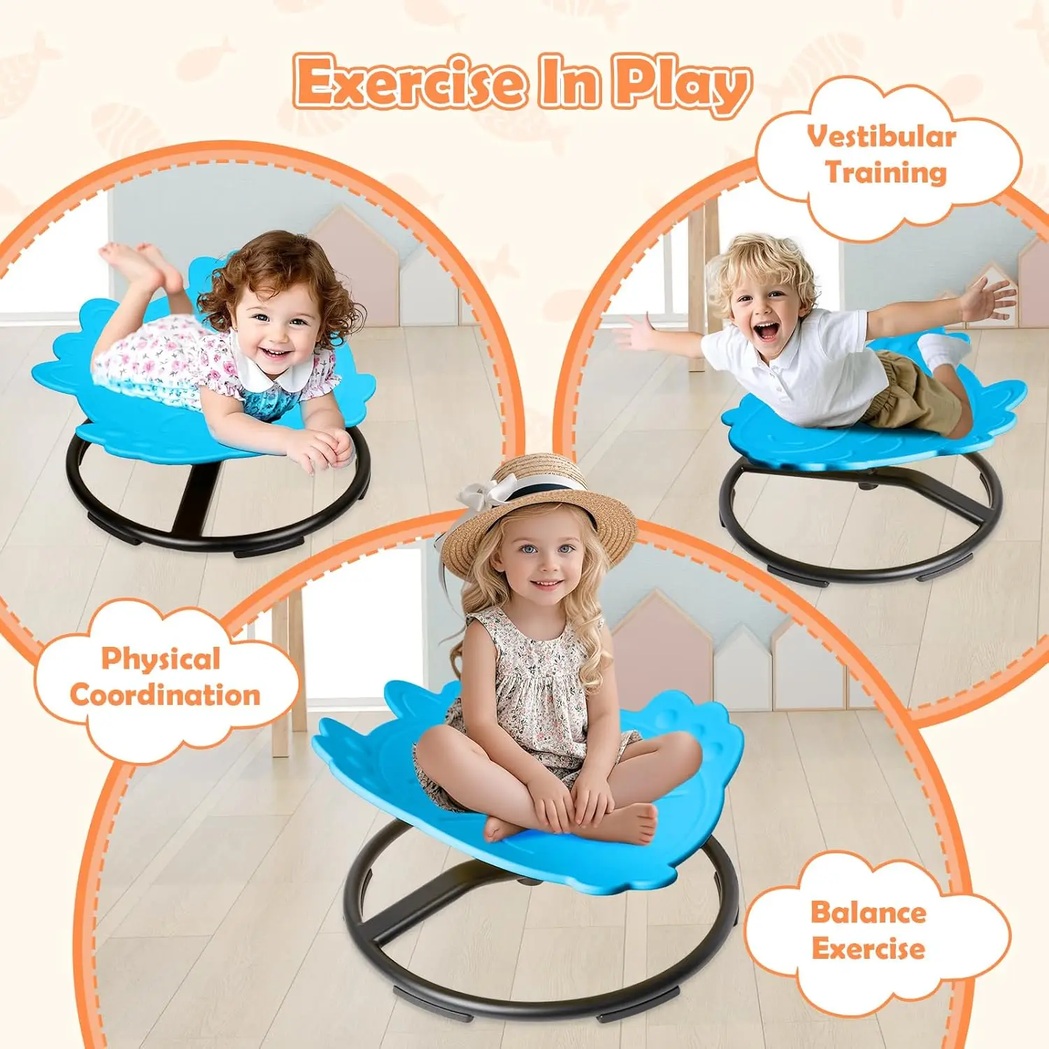 Kids Spinning Chair, Blue Fish Sensory Swivel Chair for Autism & ADHD Balance Training