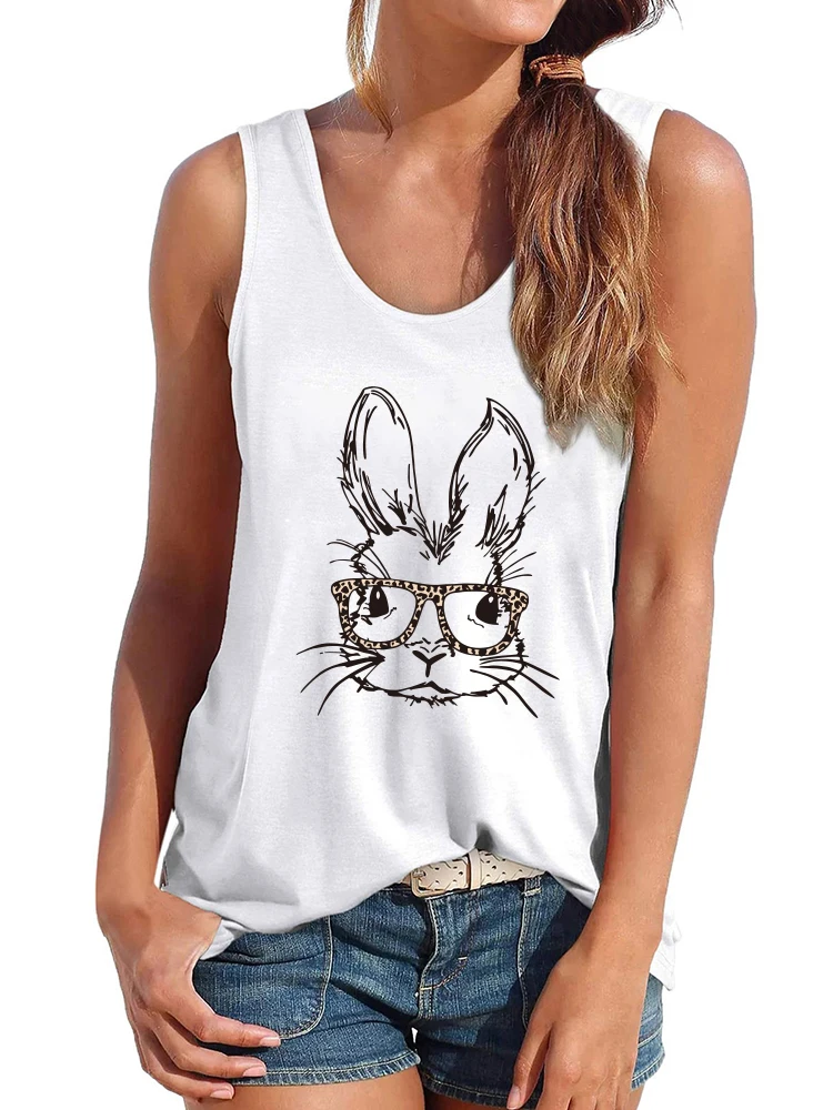 Sleeveless Summer Loose Ladies Graphic Tee Shirt Femme Ropa Mujer Rabbit In Leopard-print Glasses Print Funny Women Tank Tops