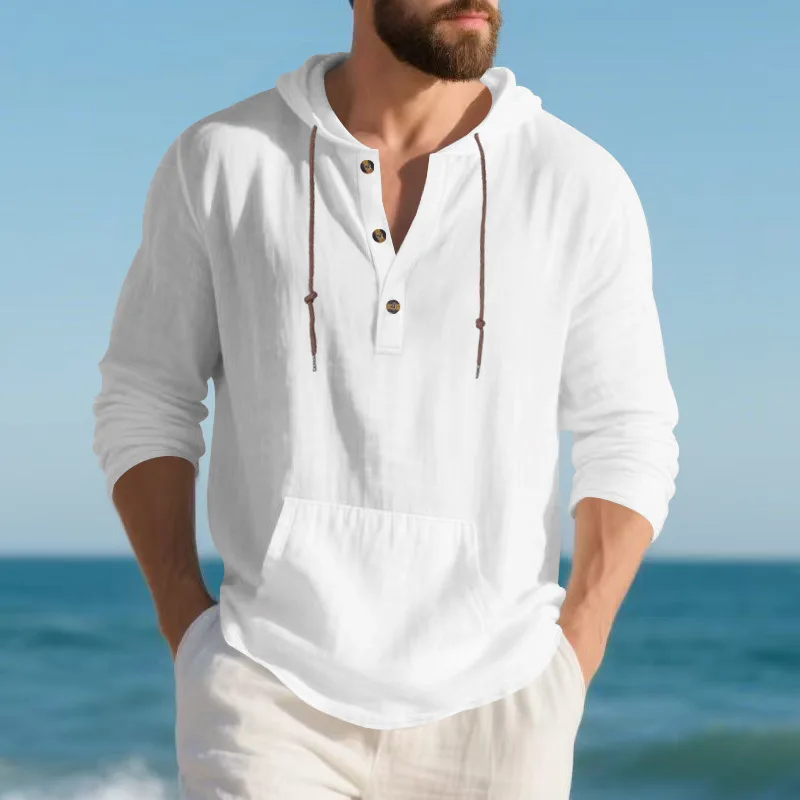 Men's autumn new linen men's long-sleeved T-shirt loose casual simple trend home hooded Henry shirt
