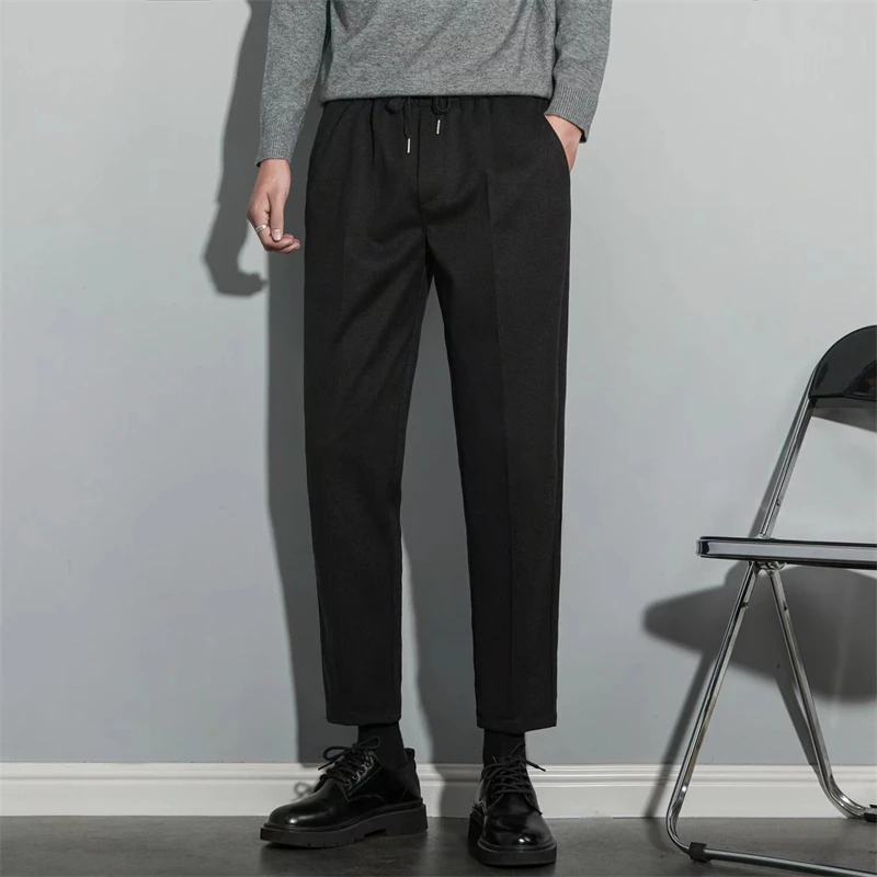 

Casual Loose Men's Suit Pants Elastic Waist Straight Leg Nine-Tenths Trousers Spring Autumn Season Japanese Sle Simple Vers...