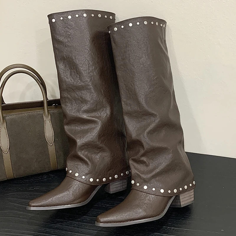 

Aneikeh Autumn Winter Pointed Toe Fashion Design Rivet Splicing Woman Knee-High Boots Square Heels Party Female Shoes