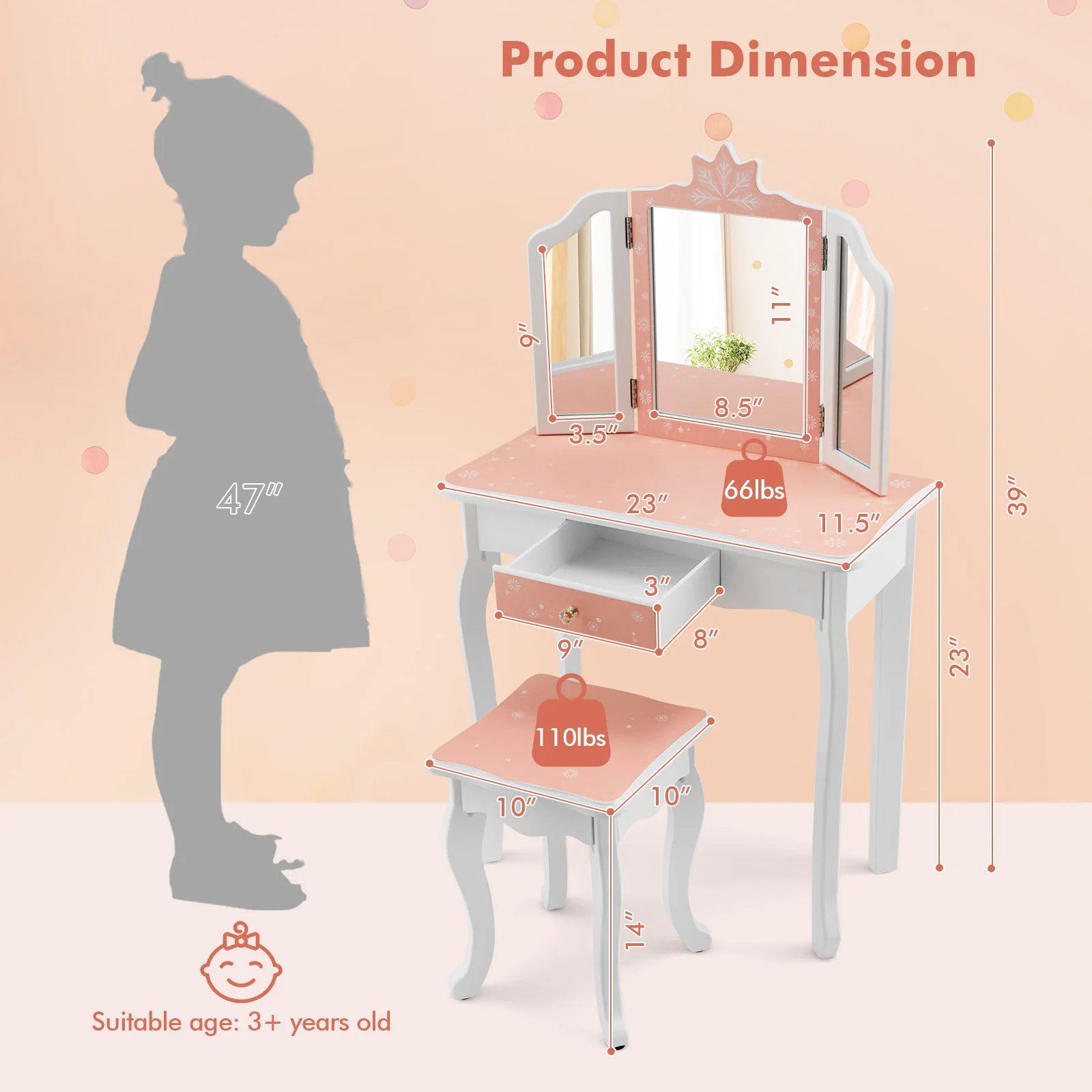 Kid Vanity Set Wooden Makeup Table Stool Tri-Folding Mirror Snowflake Print Pink