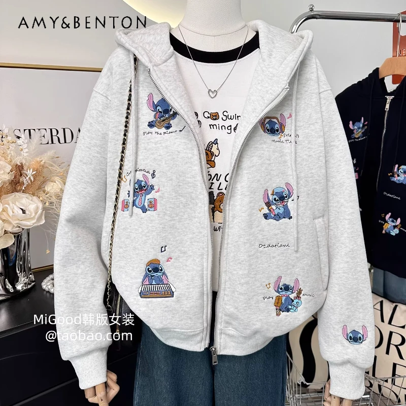 

Winter Heavy Embroidery Cartoon Pattern Loose Oversize Hooded Cardigan Fleece Lined Thickened Zipper Sweatshirt Jacket For Women