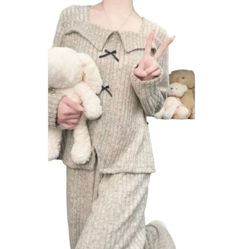 

New Pajamas with Chest Pads Women's Autumn and Winter Fleece Thickened Warm Can Wear Large Size Loungewear Set Underwear Sets
