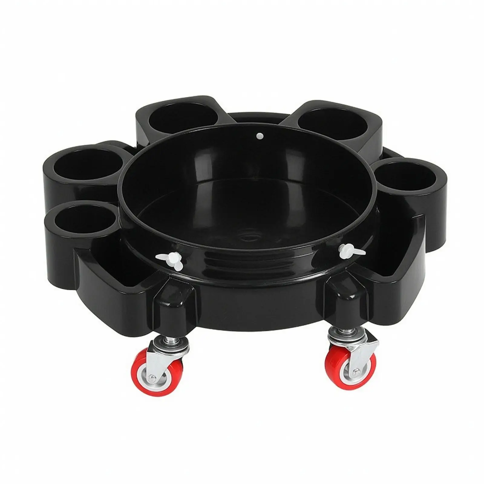 Car Detailing Bucket Carrier on Wheels with Outer Cylindrical Holders for Spray Bottles and Wash Tools