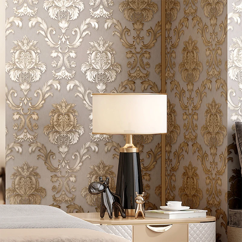 Beige-grey Gold Textured Luxury Classic 3D Damask Wallpaper Bedroom Living Room Home Decor Waterproof Vinyl PVC Wall Paper Roll