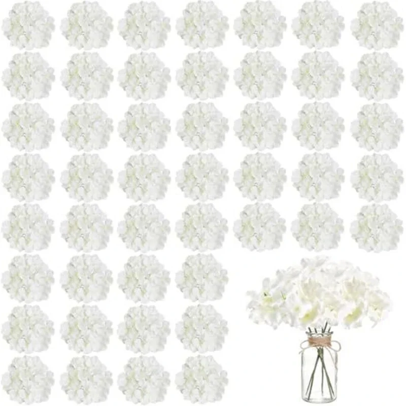 50Pcs White Artificial Hydrangea Flowers, Fake Flower Heads Wedding Arch, Bouquet Backdrop Party Home Table, Vase Decoration