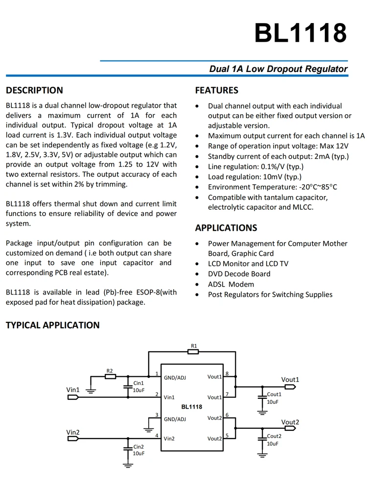 BL1118CS8TR1833 SOP-8 Linear voltage regulator LDO 1118 Dual 1A Low Dropout Regulator