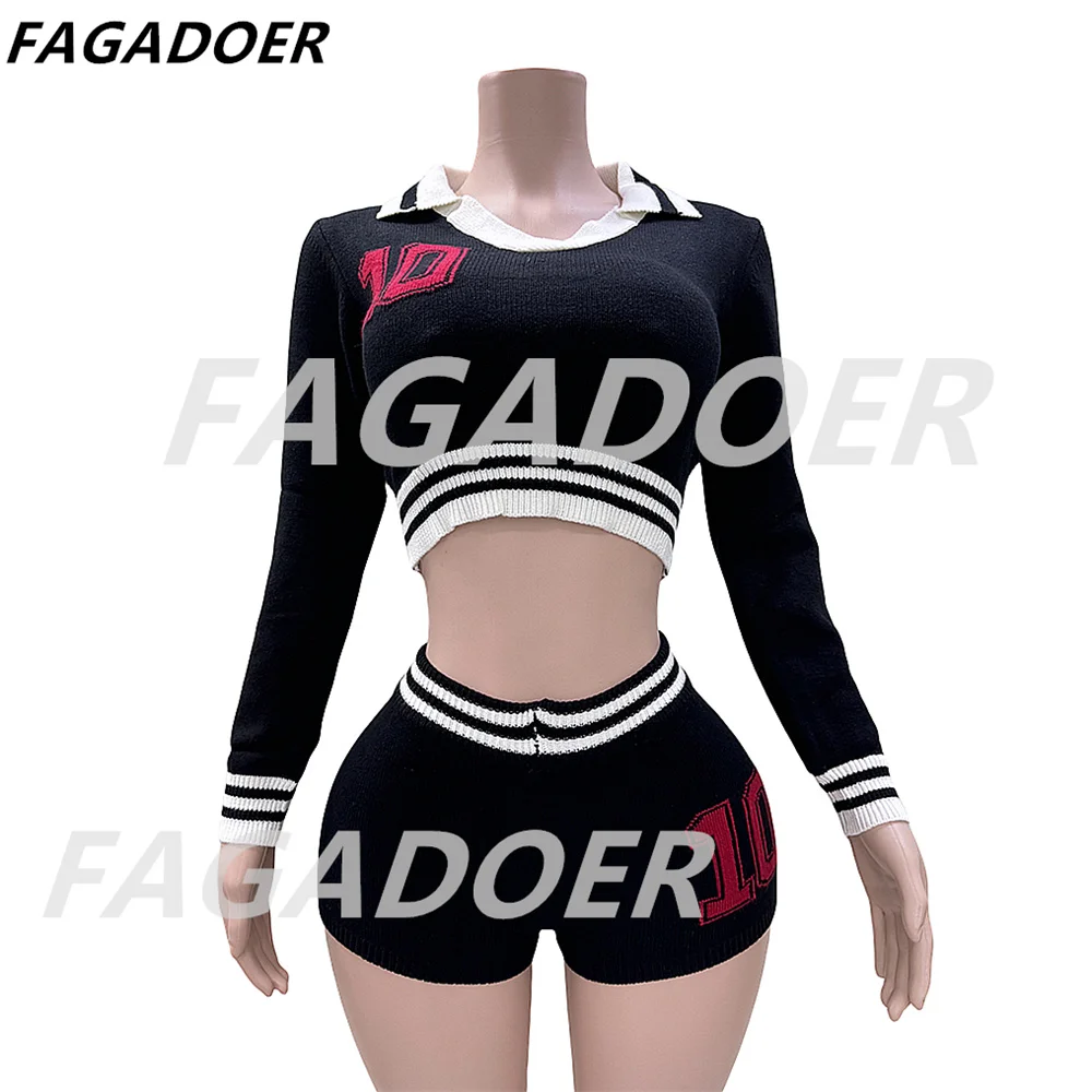 FAGADOER Sexy Knit 2 Piece Set Outfits Women Autumn Preppy Style Stripe Patchwork Cropped Sweater + Shorts Girls Y2k Streetwear