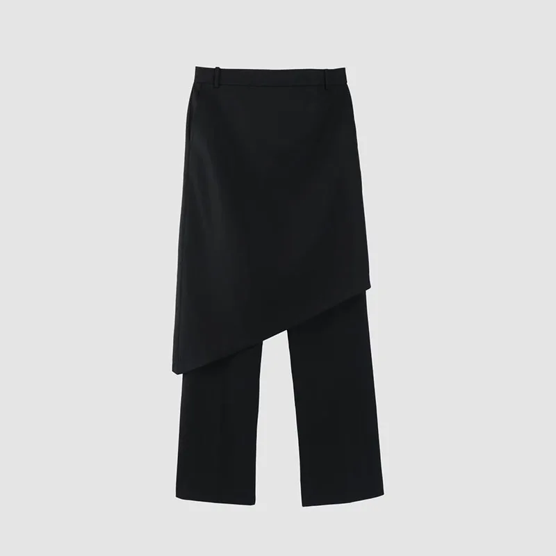 2025 خريف/شتاء جديد تنورة غير متناظرة المرقعة فو قطعتين عالية الخصر مستقيم الساق فستان كاجوال بسيط السراويل