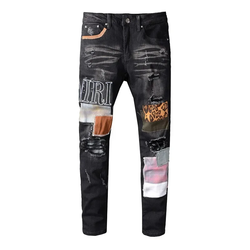 

European and American Personality High Street Fashion Trendy Men's Jeans, Ripped Appliqué Leopard Print Slim Fit Gradient Jeans