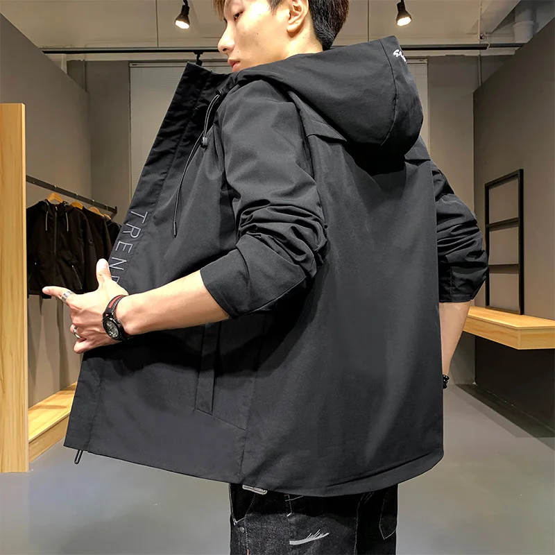 

Pop Spring Autumn Bomber Hooded Jacket Men's Casual Slim Solid Windbreaker Male Outwear Thin Coat Large Size M-5XL Tops Clothing