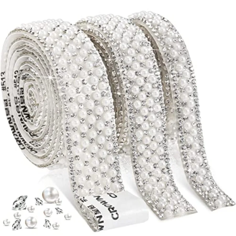 

3 Rolls Pearl Stickers Ribbon Self Adhesive Rhinestone Pearl Wrap Roll Crystal Tape Strips Trim for DIY Crafts Wedding Birthday
