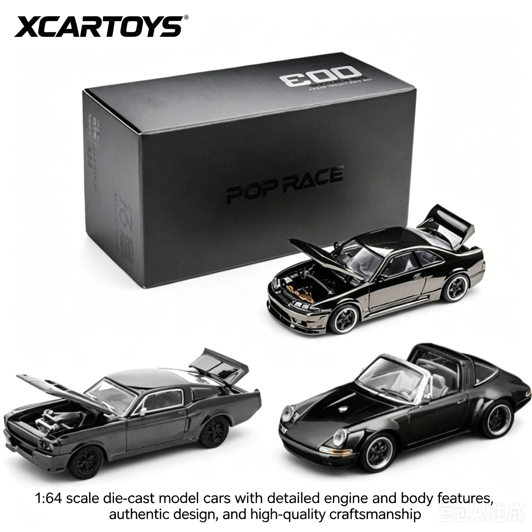 XCARTOYS 1:64 Diecast Car Set, Dark Chrome Finish Skyline GT-R R33, Shelby Mustang GT500 & Singer 964 Targa Collectible Minicars