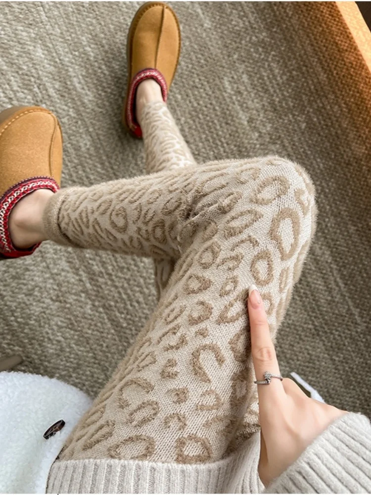 SMTHMA الشتاء سميكة ليوبارد طباعة المنك الصوف طماق للنساء الدفء عالية الخصر مطاطا التخسيس بنطال ذو قصة أرجل صغيرة