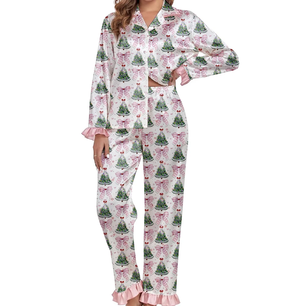 المرأة عيد الميلاد بيجامة من الساتان مجموعة Y2K سانتا الجرافيك الكشكشة زر أسفل كم طويل بلايز السراويل عيد الميلاد المتسكعون ملابس خاصة