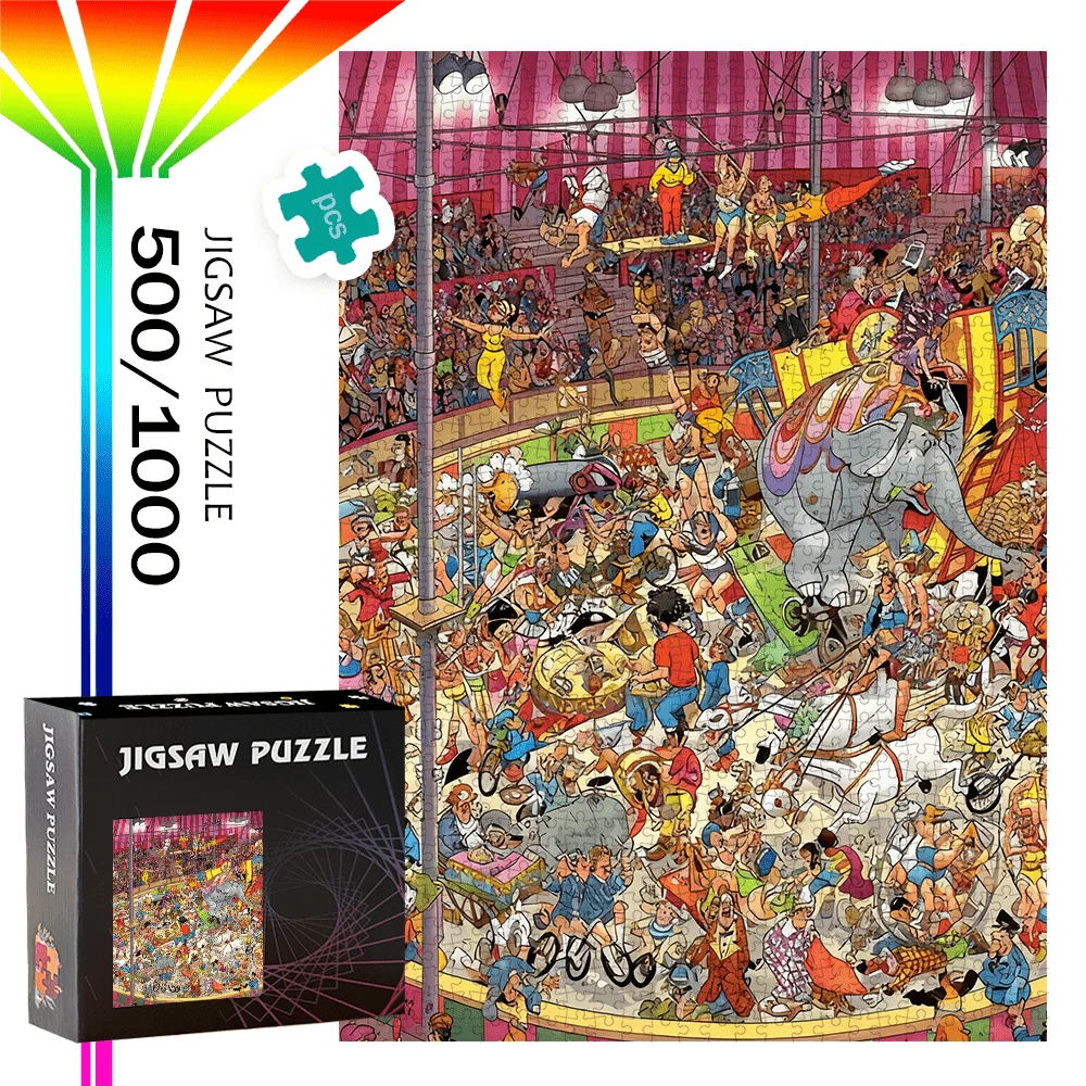 500pcs or 1000pcs Circus & Elephant Jigsaw Puzzle - Large Number of Pieces (500/1000) for s &, Challenging Brain Teaser Game,