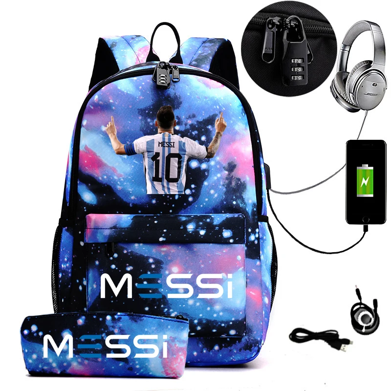 Mochila escolar Messi de 2 piezas para niños y niñas, morral deportivo impermeable para ordenador portátil, color negro