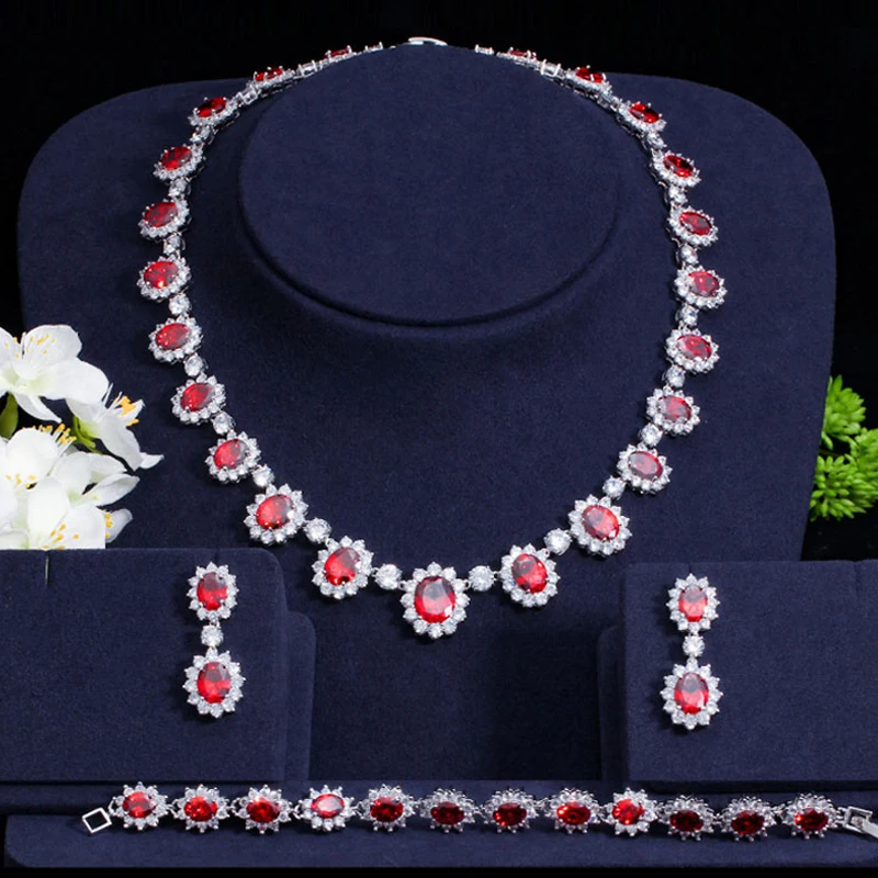 

ThreeGraces 3Pcs Luxury Red Cubic Zirconia Stone Bridal Wedding Banquet Necklace Bracelet Earrings Jewelry Set for Women TZ962